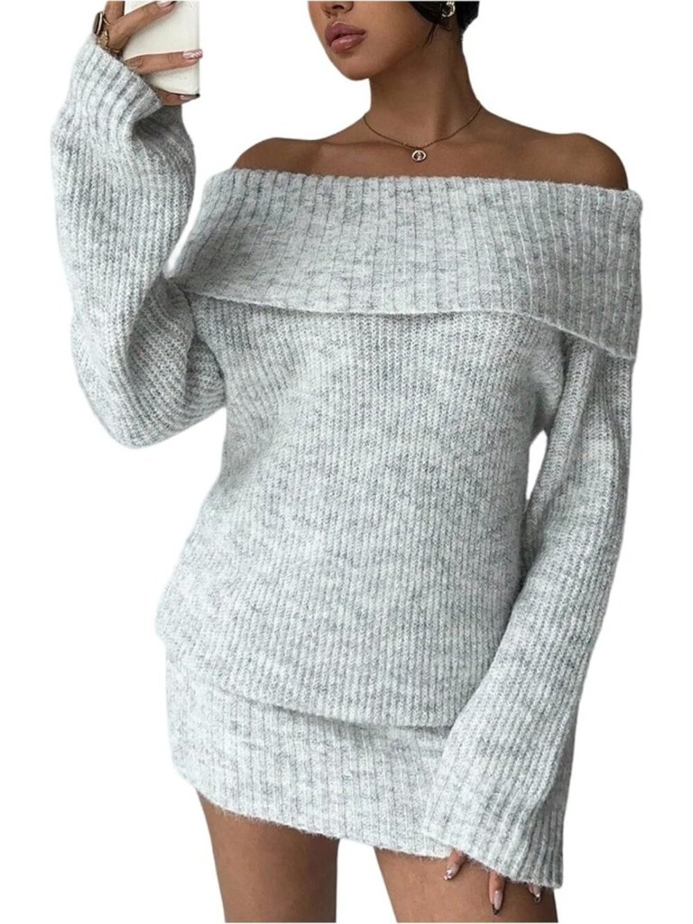 Chic Off-The-Shoulder Mini Sweater Dress for Women - Trendy & Stylish Outfit